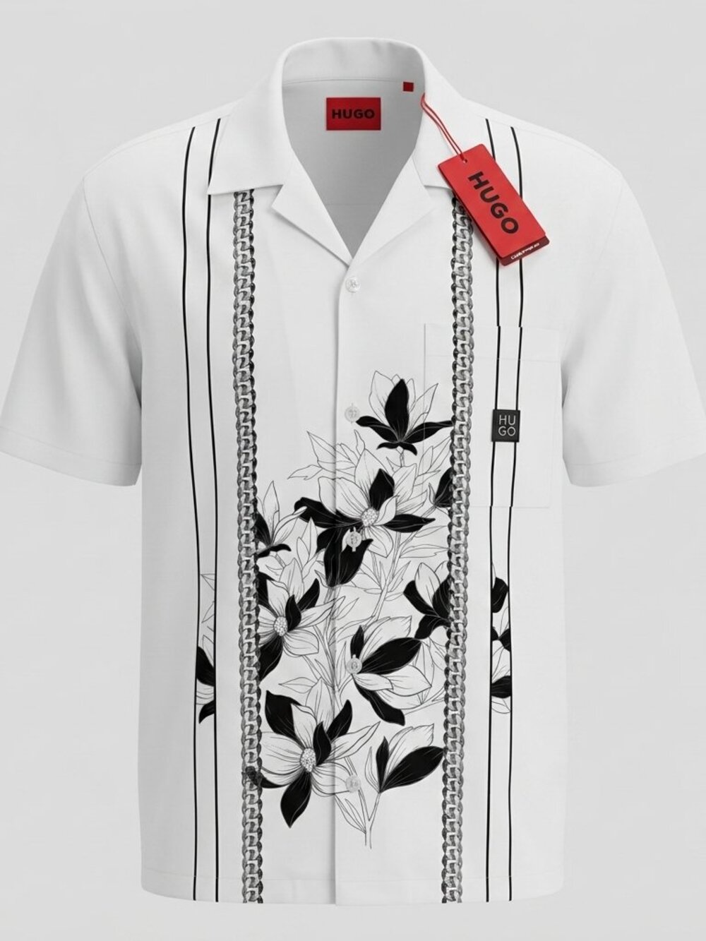 HUGO Boss Mens White Floral Chain Print Short Sleeve Shirt Size S NWT